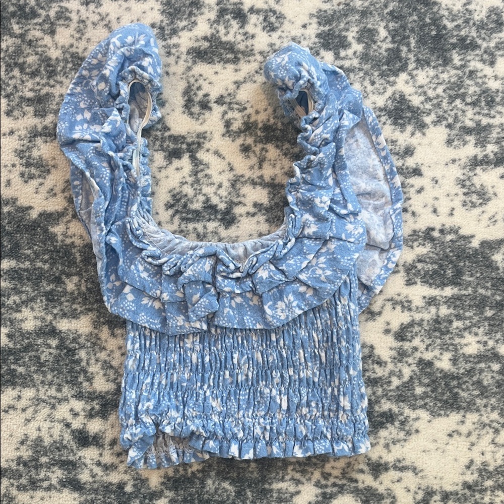 Blue Floral Ruffle Top